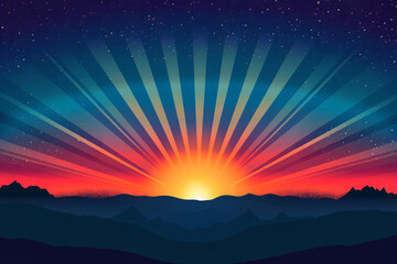 Fototapeta premium radiant sunrise with vibrant beams illuminating mountain peaks against a twilight sky with stars