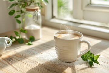 Obraz premium Steaming coffee cup with sugar substitute on wooden table