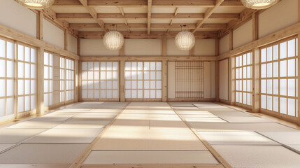 Spacious big room for martial arts practicing. Traditional interior for dojo or karate school hall. Indoor background with copy space