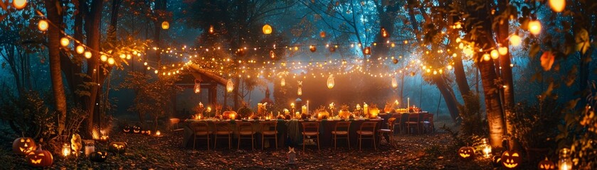 Magical outdoor nighttime party in the woods, beautifully decorated with strings of warm lights and a long table ready for a festive gathering.