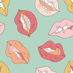 Funky open mouth with teeth, sensual lips, positive emotions seamless pattern