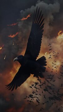 Vertical Raven Flying in Dark Clouds and Fire 4K Loop features an A.I. generated video of a raven flying in the sky from a ground viewpoint with black smoke and fire in the sky in a vertical ratio.