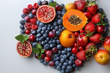 A colorful assortment of fruits and vegetables, including oranges, apples
