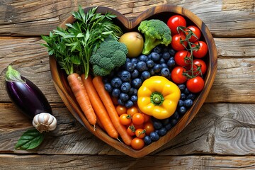 A heart-shaped bowl filled with a variety of fruits and vegetables