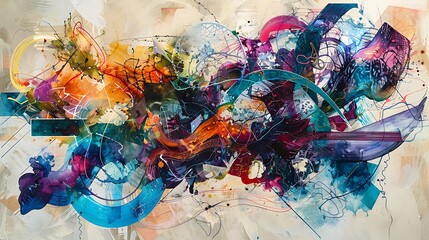 Abstract shapes and vibrant colors intertwine with playful splashes of liquid joy on a textured canvas, forming a dynamic tapestry of expression and creativity.