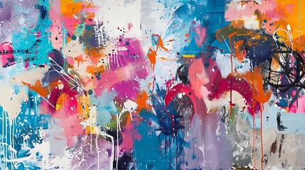 Abstract shapes and vibrant hues collide with playful splashes of liquid joy on a textured canvas, weaving a captivating tapestry of color and expression.