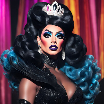 Una encantadora drag queen con un peinado muy alocado y una corona de reina