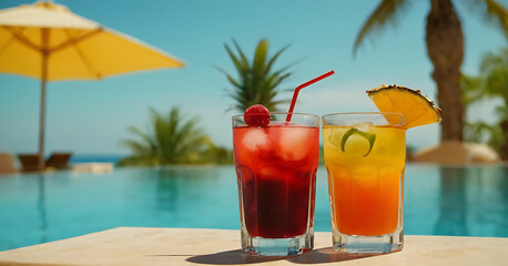 Two refreshing cocktails poolside with a tropical beach backdrop. Perfect for travel, leisure, or summer promotions.