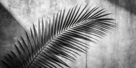 Abstract black and white palm leaf with drop shadow on grunge white wall concrete background  silhouette, natural pattern, wallpaper, spring, summer
