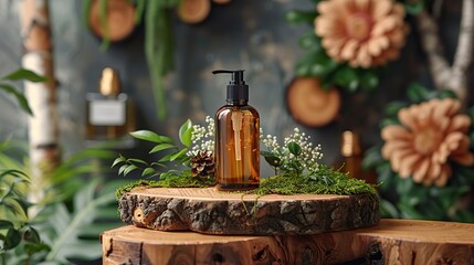 amber glass pump shampoo bottle mockup spa natural organic cosmetics packaging design tree branch birch bark,moss on background.stock image