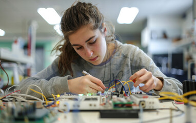 High school female student focus on working on electrical devices sitting at a desk in the science lab wearing casual attire. Cables and electronic components connected to circuit boards.