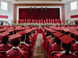 Rear view of high school graduation ceremony with students sitting in rows waiting to collect the diplomas on the stage of the lecture hall