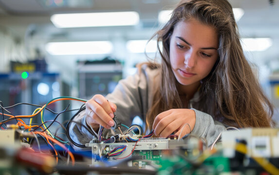 High school young woman student concentrates on working on electronic components of a desktop sitting at a desk in the science laboratory wearing casual clothes
