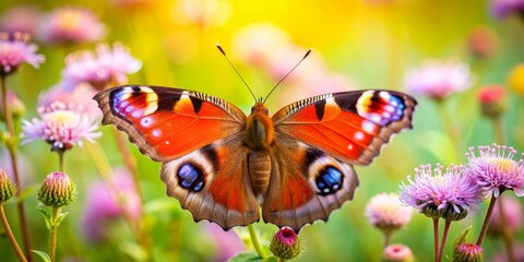 Aglais io rests atop blooming wildflowers in a meadow, blank space for text, creative banner