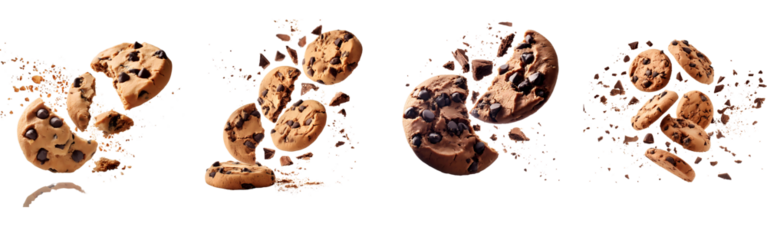 A series of chocolate chip cookies are shown in various stages of being eaten isolated