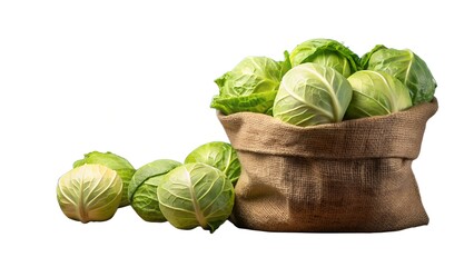 Green cabbage in burlap bag isolated on white