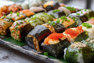 A diverse selection of sushi rolls with a mix of flavors and textures, including spicy tuna, eel, and creamy avocado, served on a decorative platter