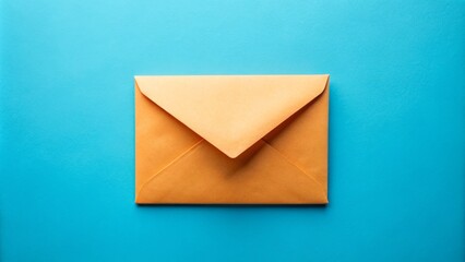 Beige envelope with blank orange sheet of paper in blue background - mock up, copy space, flat lay, receiving mail, business communication