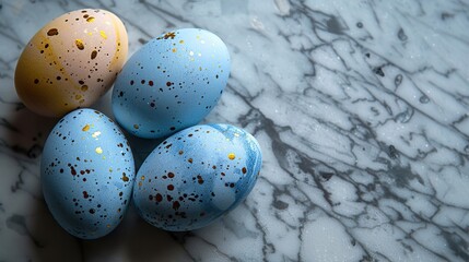 blue easter eggs on marble table flat lay top view copy space.image