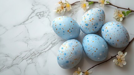 Obraz premium blue easter eggs on marble background flat lay top view.stock image