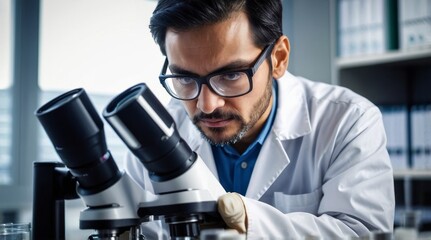 Scientist researcher using microscope in laboratory