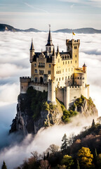 Fototapeta premium A majestic castle perched atop a sheer cliff face stands shrouded in a thick fog
