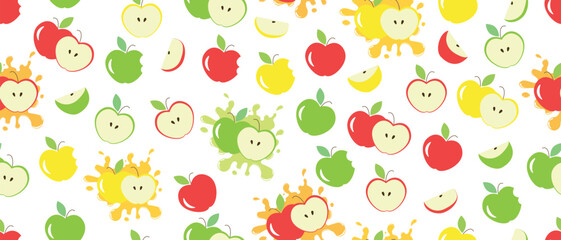 Different colors of apples vector seamless pattern. Whole apples, slices, leaves and apple seeds pattern design. Red, green and yellow apples pattern. Apple pieces and slices texture printable design.