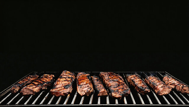 Grill background, empty fired barbecue on black background, 16:9 with copyspace, 300 dpi