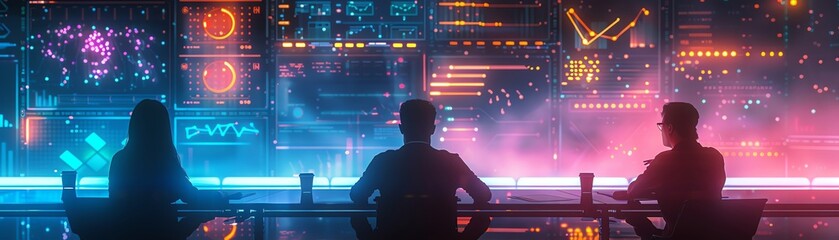 Strategic meeting with neon light accents and futuristic motion graphics, business strategy, modern planning , high resolution DSLR