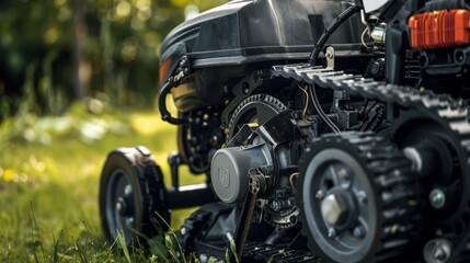Fototapeta premium Close-Up of Commercial Lawnmower Engine Showcasing Robust Design and Horsepower