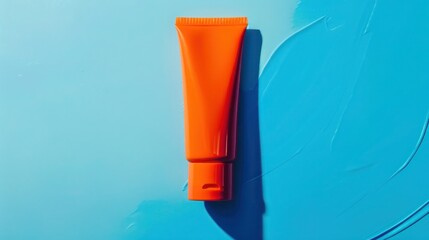 A neon orange hand cream tube on a sky blue background, suitable for a bold and energetic brand looking to stand out in the market
