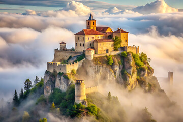 Naklejka premium A majestic castle perched atop a sheer cliff face stands shrouded in a thick fog