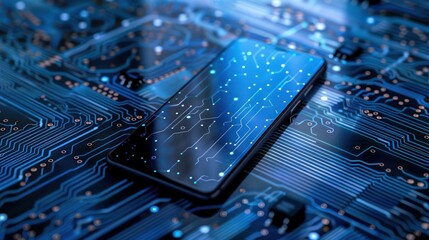 A modern smartphone on a tech circuit board background, illustrating advanced technology and connectivity in electronic products