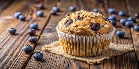 Delectable Blueberry Oatmeal Muffin on Wooden Surface, Baking Time, Homemade Treat, Breakfast, Pastry - Powered by Adobe