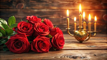 Vibrant red roses arranged elegantly on a rustic wooden desk with golden 92nd birthday candles and subtle 3D rendered shadows.