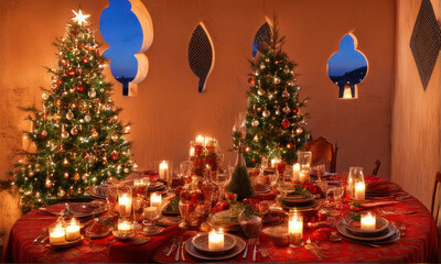 Moroccan lounge with floor cushions and christmas tree, ornate lanterns, and a hookah setup.

