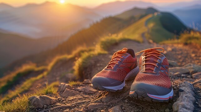 A pair of running shoes on a background of a mountain trail at sunrise, perfect for promoting an active and adventurous lifestyle