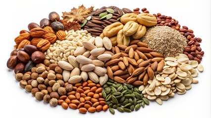 Obraz premium Illustration of assorted nuts, beans, and seeds icons, including almonds, cashews, and sunflower seeds, on a pure white background.