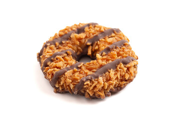 Sweet and Sticky Coconut Caramel Fudge Striped Cookies Isolated on a White Background