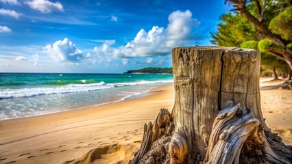 Driftwood Tree Trunk on Tropical Beach with Blue Sky and Clouds