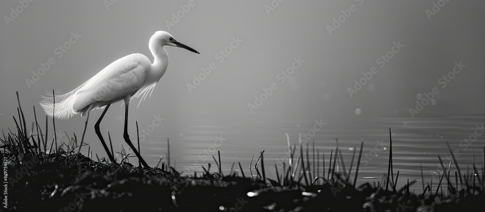 Aufkleber monochromatic image showing a small egret (egretta garzetta) strolling by the lake shore with a blan