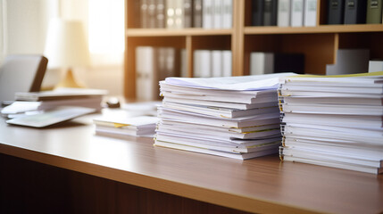 A cluttered office desk with stacks of paper documents and folders, reflecting a busy work environment and high workload.