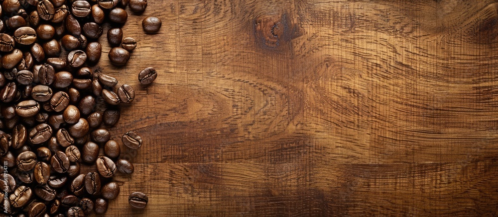 Aufkleber coffee beans displayed on a wooden surface with ample copy space image.