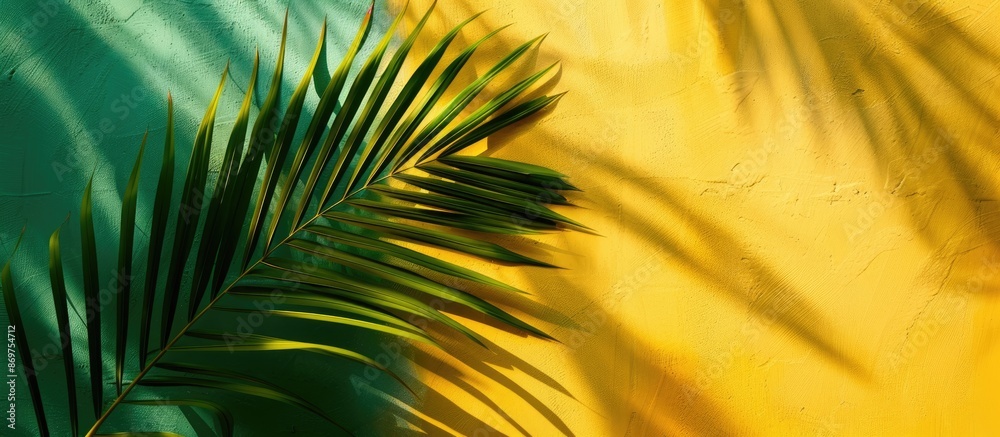 Poster Summer-themed palm leaf on a yellow and green background, creating a shadow, suitable for a copy space image.