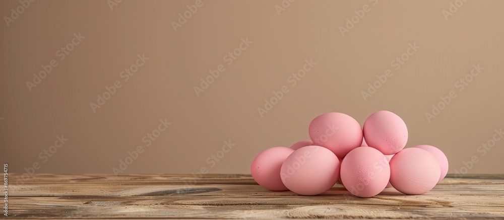 Poster Pink Easter eggs displayed on a wooden table, set against a neutral beige backdrop, with ample space for adding text in the image.