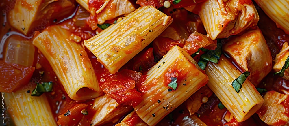 Poster chicken and pasta in a savory tomato sauce as a dish with a blank space for an image.
