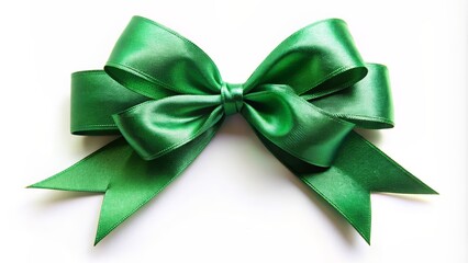 Emerald green ribbon bow on white with ample negative space, gift, awareness, celebration, support