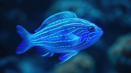 Obraz premium Bioluminescent fish engineered to glow in vibrant colors create mesmerizing underwater displays, merging marine life with genetic innovation, with copy space