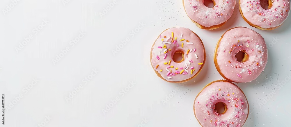 Poster an overhead view of a delectable dessert - iced donuts on a white backdrop with room for text or ima