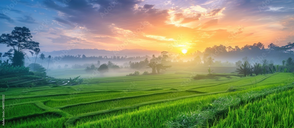 Poster lush green rice fields under a colorful sky with trees in the background growing under the sunrise w
